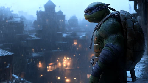 Mutant turtle warrior overlooking rainy city at night.