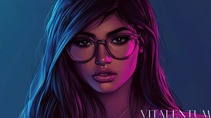 Digital portrait shows woman with glasses in neon side lighting