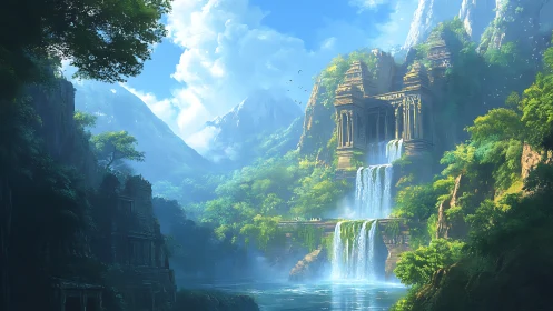 Ancient terraced jungle temple with cascading tiered waterfalls
