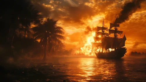 Pirate Ship Ablaze at Golden Hour with Tropical Coastline