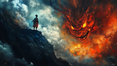 Lone warrior confronts colossal fiery demon in storm sky.