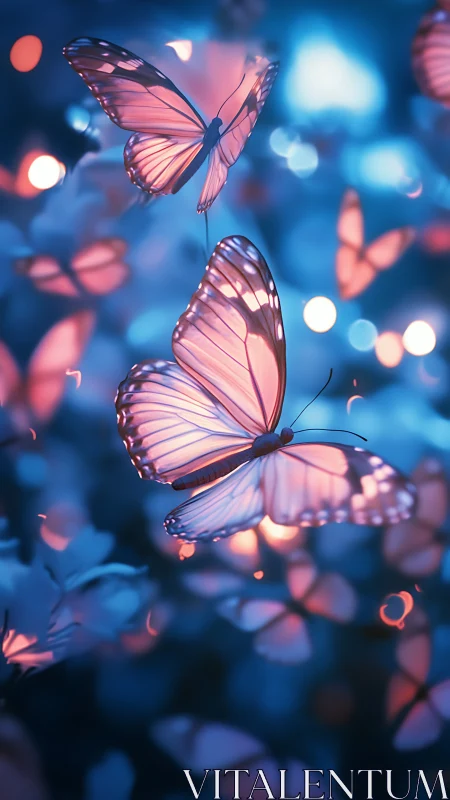 Pink butterflies in blue bokeh environment at close range.