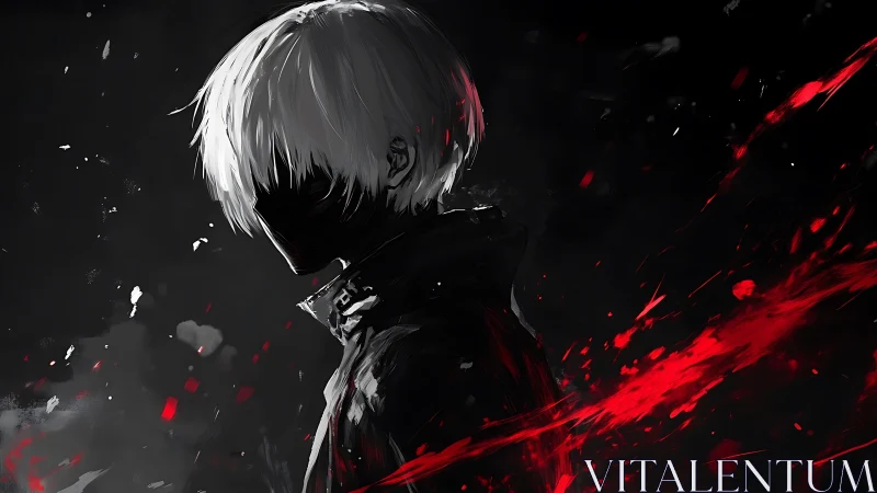 Solitary white haired figure emerges from shadows and bloodlight