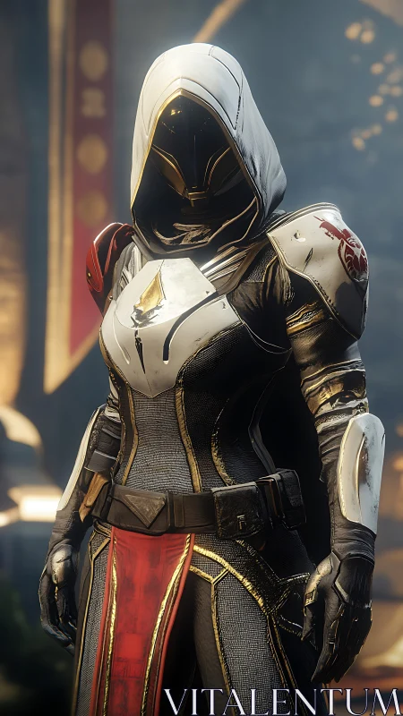 Armored sci fi guardian with hooded helmet and emissive visor detailing