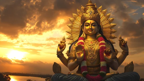Radiant multi-armed deity statue under volumetric sunset sky.