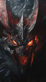 Demonic molten skull erupts from darkness with blazing eyes