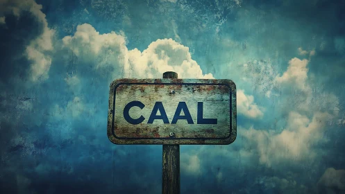 Weathered CAAL signpost stands against textured cloudy sky