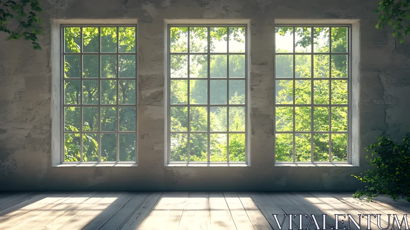 Triptych windows display sunlit foliage through interior wall