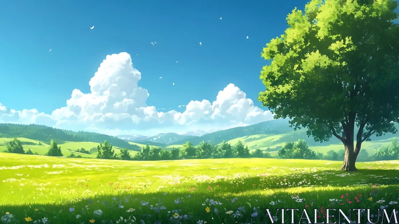 Tree stands over bright meadow under deep blue summer sky