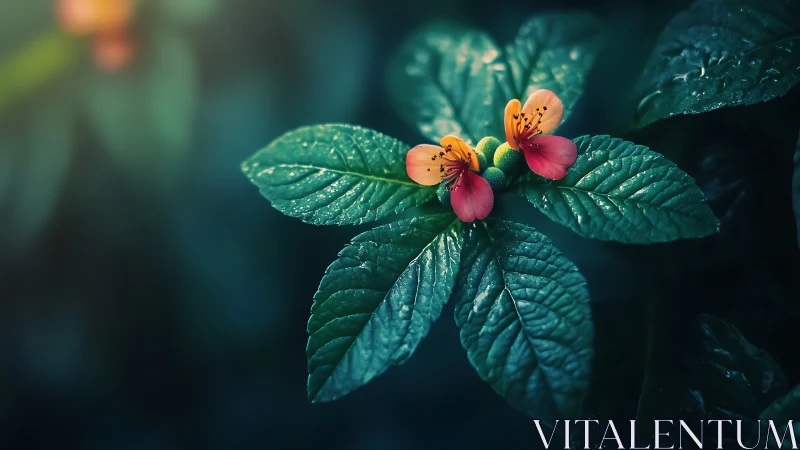 Macro botanical study of twinned orange-pink flowers on wet foliage.