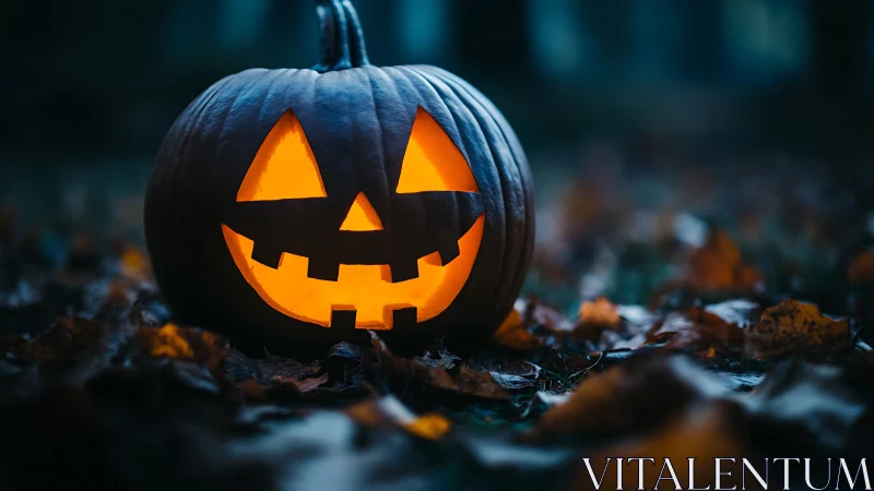 Glowing jack o lantern amid fallen autumn leaves at dusk.