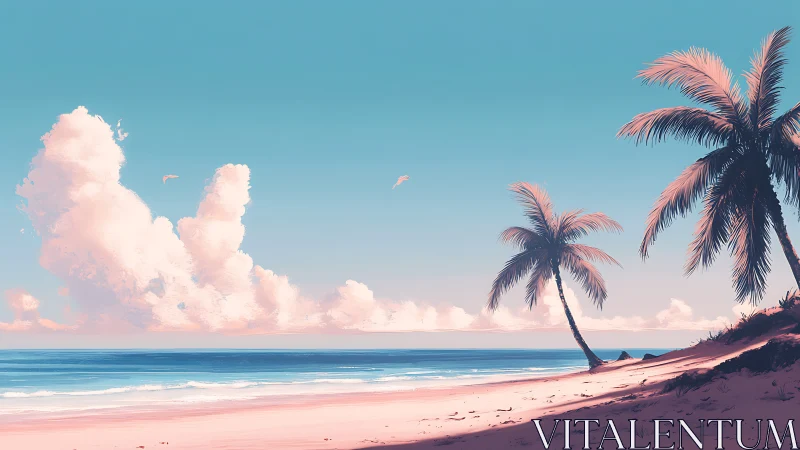 Tropical Beach Paradise with Pink-Hued Clouds and Palm Trees