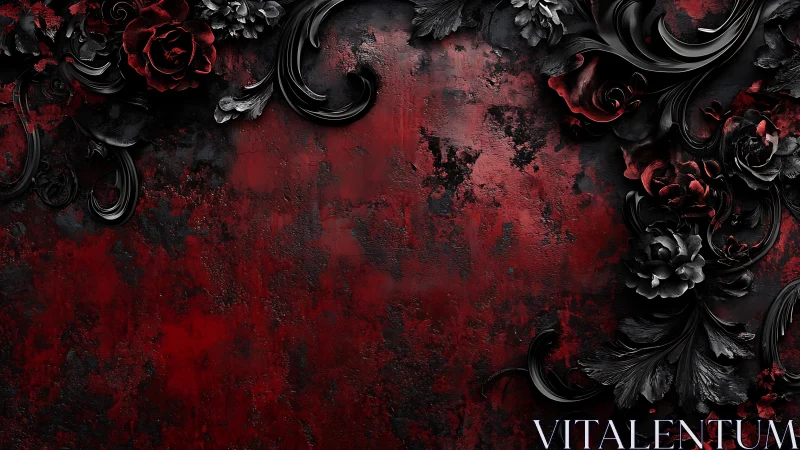 Dark red grunge background with ornate black floral border.
