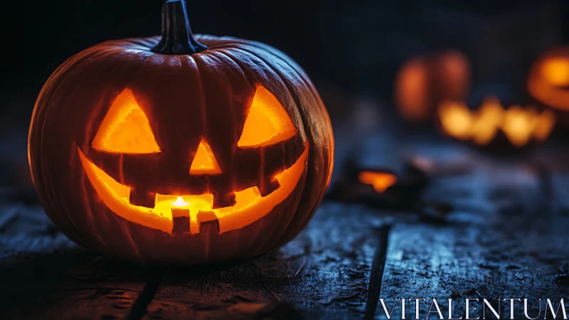 Carved jack o lantern pumpkin glowing on rustic table.