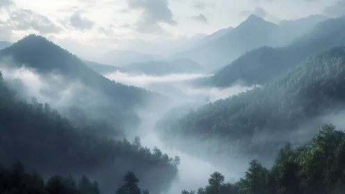 Gentle misty mountains embracing a quiet winding river.