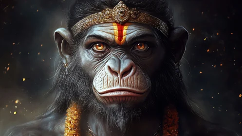 Fiery eyed monkey deity gazes forward with calm strength