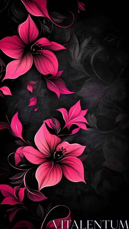 Neon Pink Flowers Against Black Background With Decorative Vines