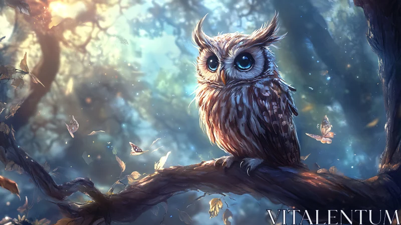 Enchanting Owl with Blue Eyes in Magical Forest Fantasy Artwork.