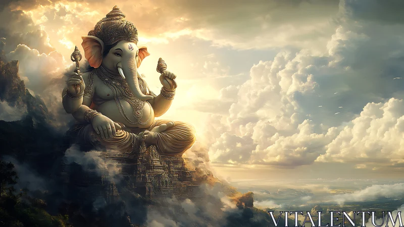 Sky-palace elephant deity basking in golden stormlight.