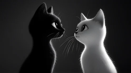 Black and White Cat Silhouettes in Profile Facing Each Other