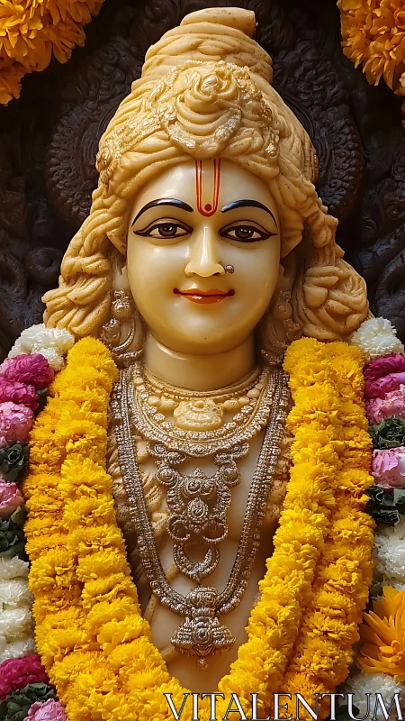 Radiant deity idol wrapped in golden marigold garlands.