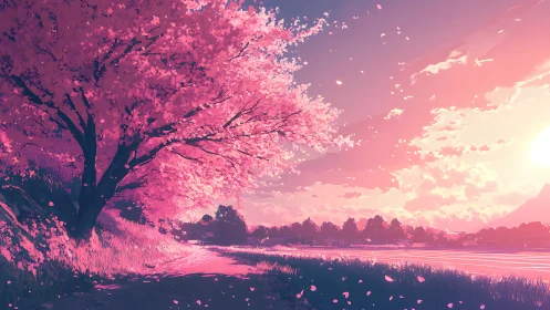 Sunlit cherry blossoms line tranquil riverside path at dusk.