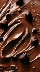 Macro chocolate waves with molten swirls and ganache droplets.