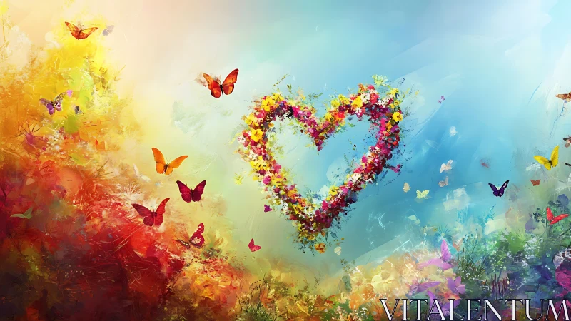 Floral Heart Composition with Butterflies in Gradient Sky Rendering