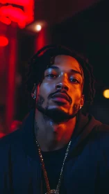 Neon-bathed urban portrait with dual-tone cinematic lighting.