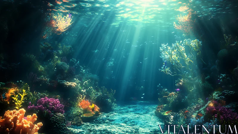 Sunlit coral sanctuary beneath a shimmering blue surface.