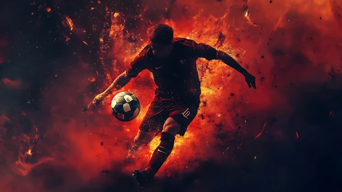 Dynamic footballer silhouette isolated in high-contrast fiery explosion