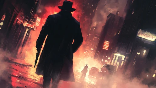Noir gunman strides through rain-soaked neon city street.