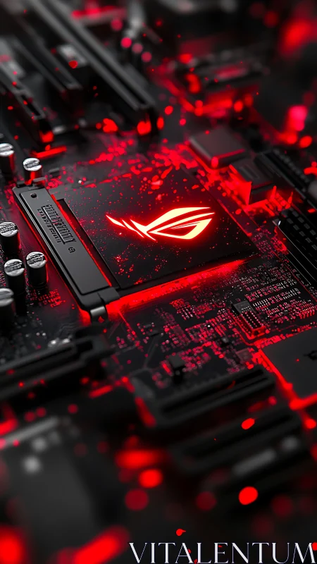 Glowing ROG gaming chipset on motherboard with red LED accent lighting
