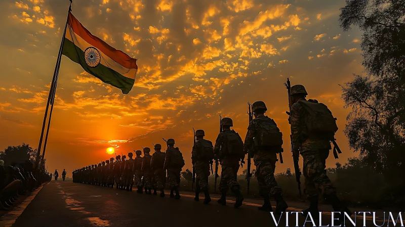 Sunset-lit military column beneath large Indian tricolor flag.