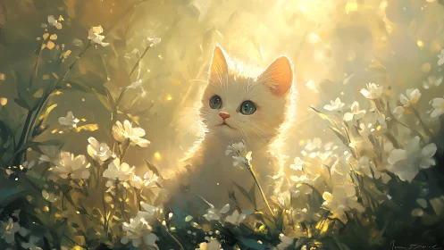 Sunlit kitten gazes upward amid glowing wildflower meadow.