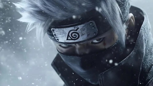 Photorealistic ninja portrait with icy atmospheric close-up.