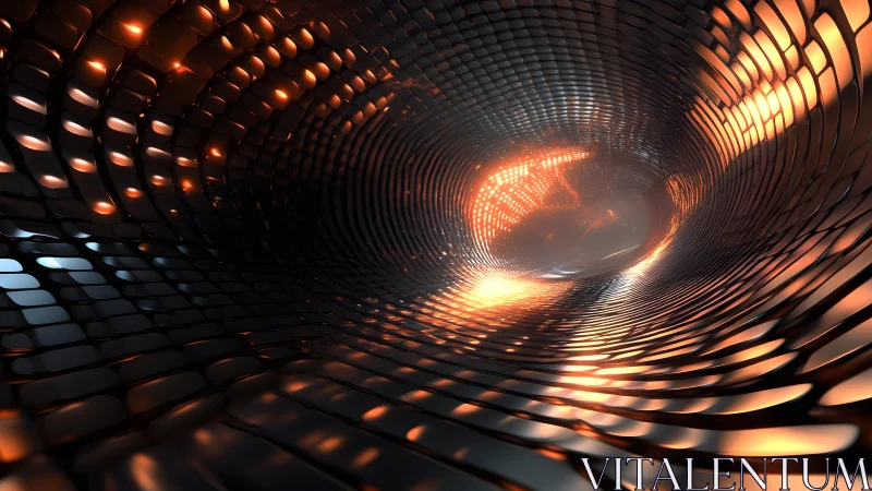 Futuristic Metallic Tunnel with Glowing Orange Lights, Digital Art.