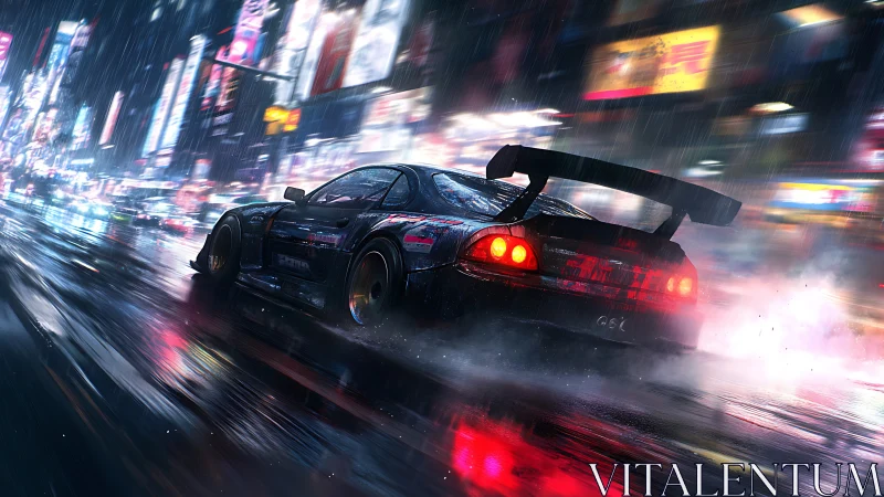 Neon rain racer carving light trails through midnight streets.