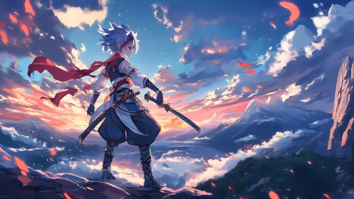 Skyline duelist steadies twin blades above burning clouds