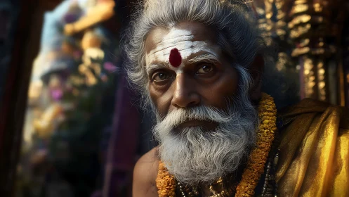 Gentle gaze of a wise elder wrapped in temple light.