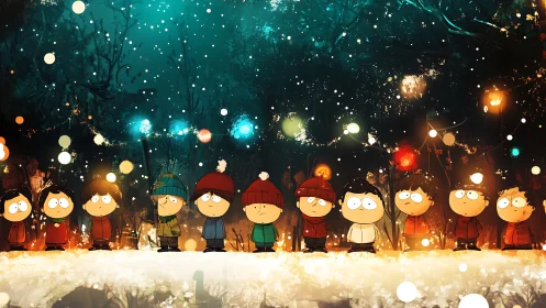 Snowy night lineup of stylized children under bokeh lights