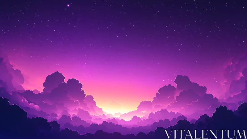 Radiant nebula sunrise above dreamy violet cloud sea.