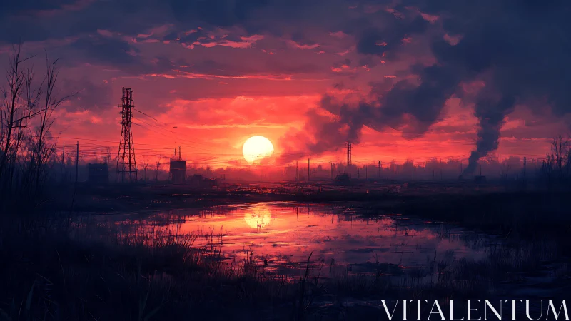 Industrial wetland sunset with reflective toxic skyline.
