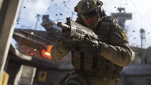 Combat soldier advancing under fire in realistic urban warzone.