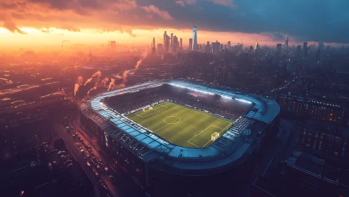 Floodlit urban football stadium under dramatic sunset sky.