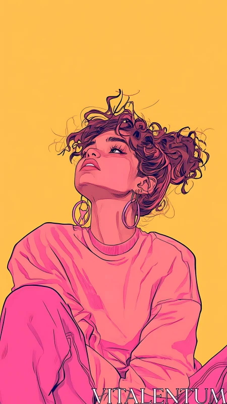 Vibrant line-art portrait of seated woman in pink on yellow