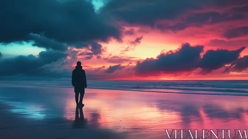 Solitary sunset walk along a glowing watercolor shoreline.