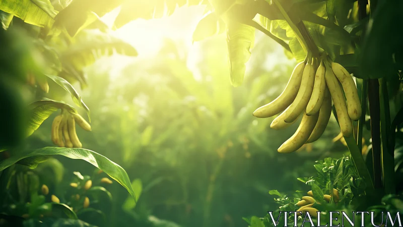 Sunlit banana cluster in lush tropical plantation canopy.
