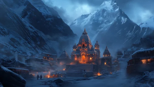 Snowbound mountain temple glows with warm interior firelight