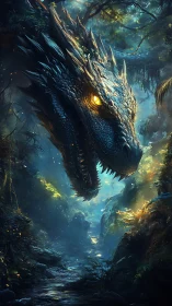 A luminous dragon emerges over a misty enchanted forest path